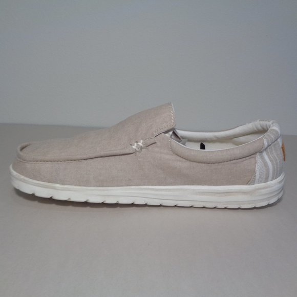 Hey Dude Size 13 M MIKKA Chambray Beige Cotton Slip On Loafers New Men's Shoes - Picture 8 of 14